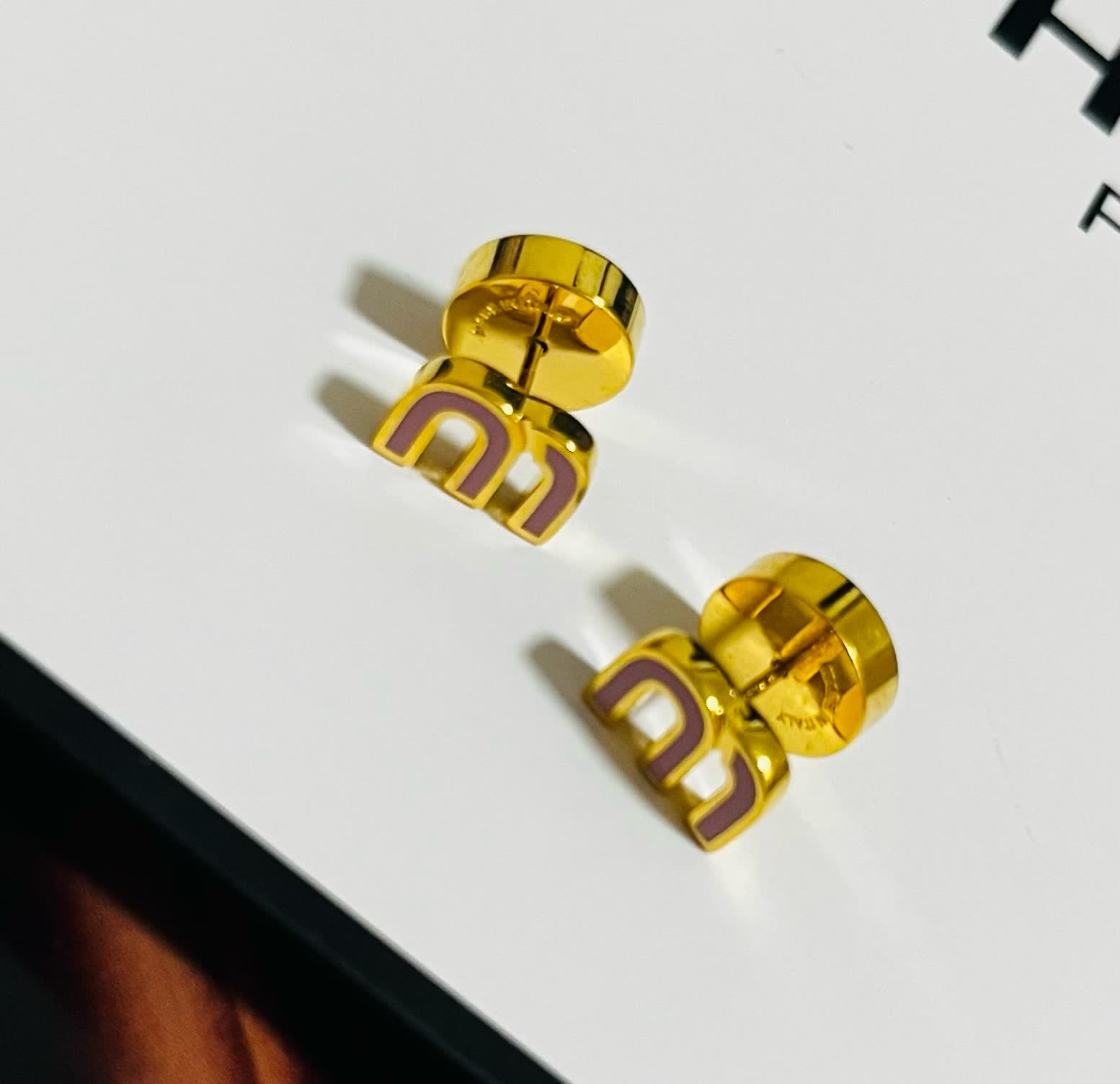 Miu Miu Gold and Pink Enamel Stud Earrings